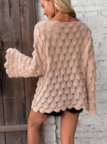 SHEIN LUNE Boat Neck Pointelle Knit Drop Shoulder Jumper - Apricot - View 2