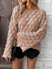 SHEIN LUNE Boat Neck Pointelle Knit Drop Shoulder Jumper - Apricot - View 5