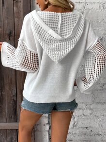 Chiquease Drop Shoulder Drawstring Hooded Pointelle Knit Jumper - White - View 2