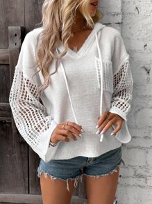 Chiquease Drop Shoulder Drawstring Hooded Pointelle Knit Jumper - White - View 3