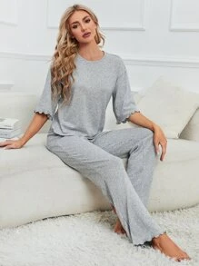 Lettuce Trim Drop Shoulder Lounge Set - Grey - View 3
