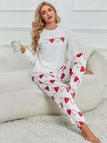 Conjunto de pijama Camiseta de hombros caídos con estampado de corazón con pantalones - Rojo y blanco - Ver 1