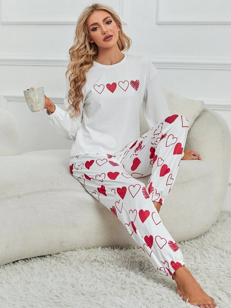 Conjunto de pijama Camiseta de hombros caídos con estampado de corazón con pantalones - Rojo y blanco - Ver 1