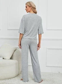 Lettuce Trim Drop Shoulder Lounge Set - Grey - View 2