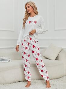 Conjunto de pijama Camiseta de hombros caídos con estampado de corazón con pantalones - Rojo y blanco - Ver 4