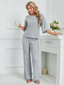 Lettuce Trim Drop Shoulder Lounge Set - Grey - View 4