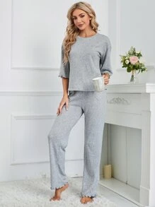 Lettuce Trim Drop Shoulder Lounge Set - Grey - View 5