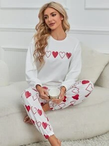 Conjunto de pijama Camiseta de hombros caídos con estampado de corazón con pantalones - Rojo y blanco - Ver 5