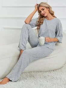 Lettuce Trim Drop Shoulder Lounge Set - Grey - View 1