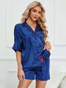 Contrast Piping Satin Blouse & Shorts PJ Set - Navy Blue - View 1