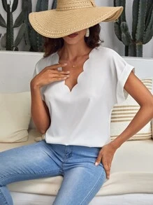 SHEIN Clasi Scallop Trim Batwing Sleeve Blouse - White - View 3