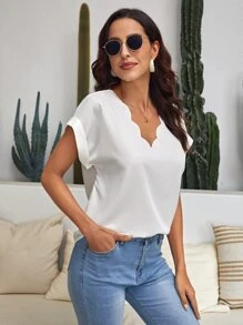 SHEIN Clasi Scallop Trim Batwing Sleeve Blouse - White - View 4