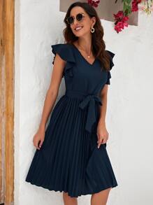 SHEIN Clasi Butterfly Sleeve Pleated Hem Belted Dress - Navy Blue - View 3