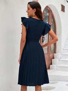 SHEIN Clasi Butterfly Sleeve Pleated Hem Belted Dress - Navy Blue - View 2