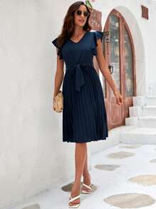 SHEIN Clasi Butterfly Sleeve Pleated Hem Belted Dress - Navy Blue - View 5