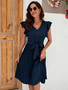 SHEIN Clasi Butterfly Sleeve Pleated Hem Belted Dress - Navy Blue - View 1