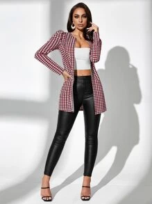 SHEIN SXY Houndstooth Print Open Front Coat - Red and White - View 4
