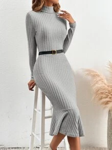 SHEIN Privé High Neck Mermaid Hem Dress Without Belt - Light Grey - View 3