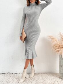 SHEIN Privé High Neck Mermaid Hem Dress Without Belt - Light Grey - View 4