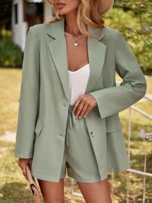 SHEIN LUNE Lapel Neck Single Breasted Blazer & Shorts - Green - View 1