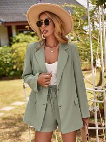 SHEIN LUNE Lapel Neck Single Breasted Blazer & Shorts - Green - View 4