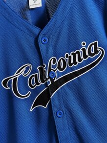 SHEIN Chàng trai trẻ Đồ họa Chữ cái Chi tiết được vá Cổ Đứng Áo sơ mi - Xanh đậm - Xem 4