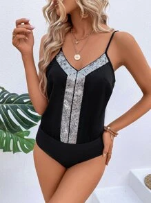 SHEIN LUNE Body de tirantes con lentejuela en contraste - Negro - Ver 5