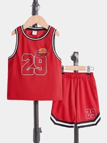SHEIN Toddler Boys Basketball & Letter Graphic Striped Trim Tank Top & Shorts - Red - View 1