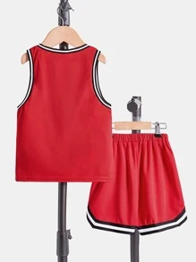 SHEIN Toddler Boys Basketball & Letter Graphic Striped Trim Tank Top & Shorts - Red - View 2