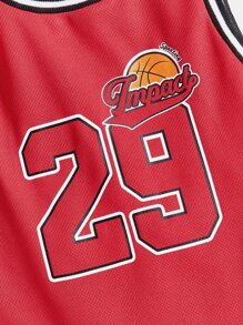 SHEIN Toddler Boys Basketball & Letter Graphic Striped Trim Tank Top & Shorts - Red - View 3