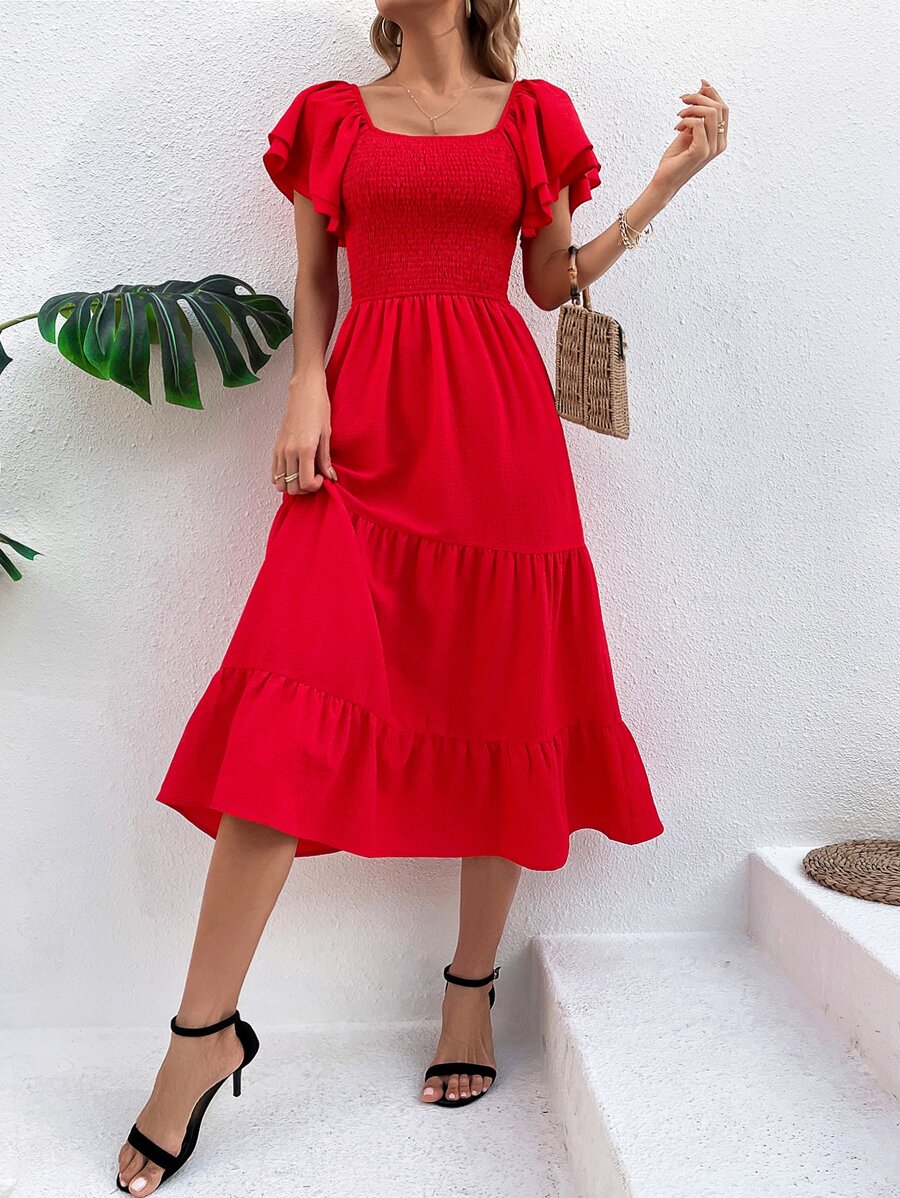 SHEIN VCAY Solid Butterfly Sleeve Shirred A-line Dress - Red - View 1