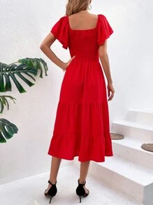 SHEIN VCAY Solid Butterfly Sleeve Shirred A-line Dress - Red - View 2