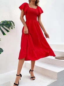 SHEIN VCAY Solid Butterfly Sleeve Shirred A-line Dress - Red - View 4