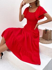 SHEIN VCAY Solid Butterfly Sleeve Shirred A-line Dress - Red - View 3
