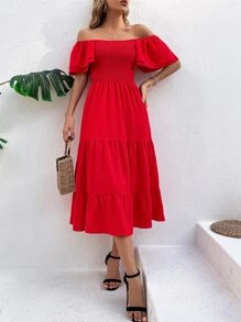 SHEIN VCAY Solid Butterfly Sleeve Shirred A-line Dress - Red - View 6