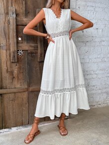 SHEIN VCAY Contrast Guipure Lace A-line Dress - White - View 4