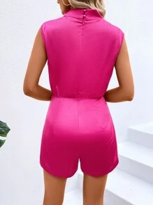 SHEIN Privé Solid Button Front Sleeveless Satin Romper - Hot Pink - View 2