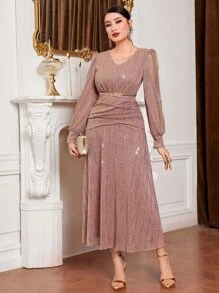 Modelyn 燈籠袖抽褶腰亮片連衣裙不附腰帶 - 藕粉色 - 查看 1