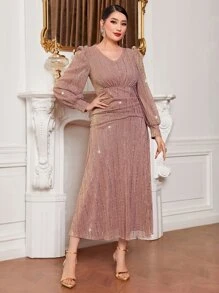 Modelyn 燈籠袖抽褶腰亮片連衣裙不附腰帶 - 藕粉色 - 查看 4