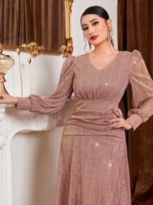 Modelyn 燈籠袖抽褶腰亮片連衣裙不附腰帶 - 藕粉色 - 查看 5