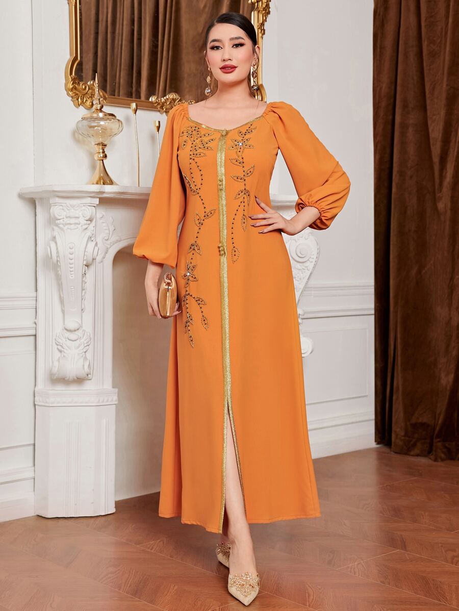 Al Najma Floral Embroidery Contrast Trim Split Hem Modest Dress Elegant Luxury Long Sleeve Arabian Dress