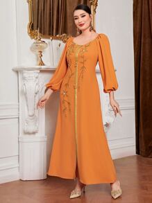 Al Najma Floral Embroidery Contrast Trim Split Hem Modest Dress Elegant Luxury Long Sleeve Arabian Dress
