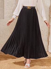 Modelyn Solid Belted Pleated Maxi Women Skirt - Black - View 1