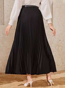 Modelyn Solid Belted Pleated Maxi Women Skirt - Black - View 2