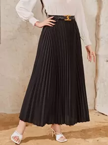 Modelyn Solid Belted Pleated Maxi Women Skirt - Black - View 4