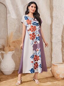 Al Najma Floral Print Batwing Sleeve Dress - Multicolor - View 1