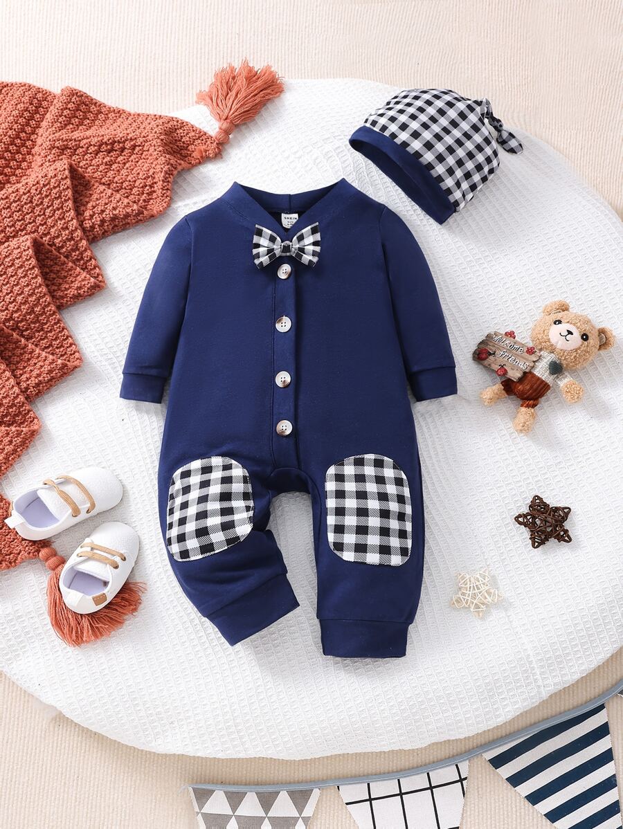 Baby Gingham Print Bow Front Jumpsuit - Navy Blue - View 1