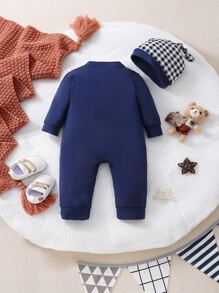 Baby Gingham Print Bow Front Jumpsuit - Navy Blue - View 2