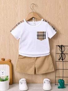 SHEIN Baby Boy Plaid Patched Pocket Tee & Shorts - Multicolor - View 1