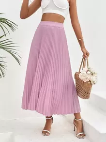 SHEIN VCAY Solid Pleated Skirt - Dusty Pink - View 1